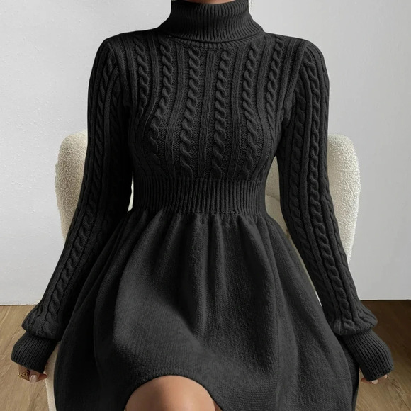 Cable Knit Turtleneck Sweater Dress - Picture 3 of 6